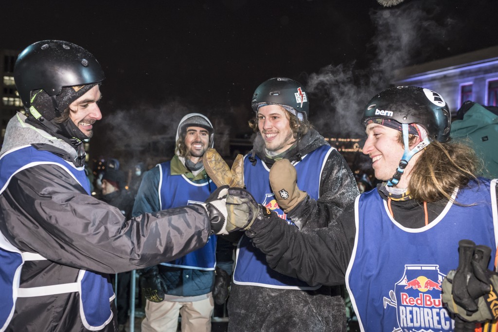 JF Houle and Emile Bergeron celebrate at the Red Bull reDIRECT in Quebec City, Quebec, Canada on February 12th, 2016