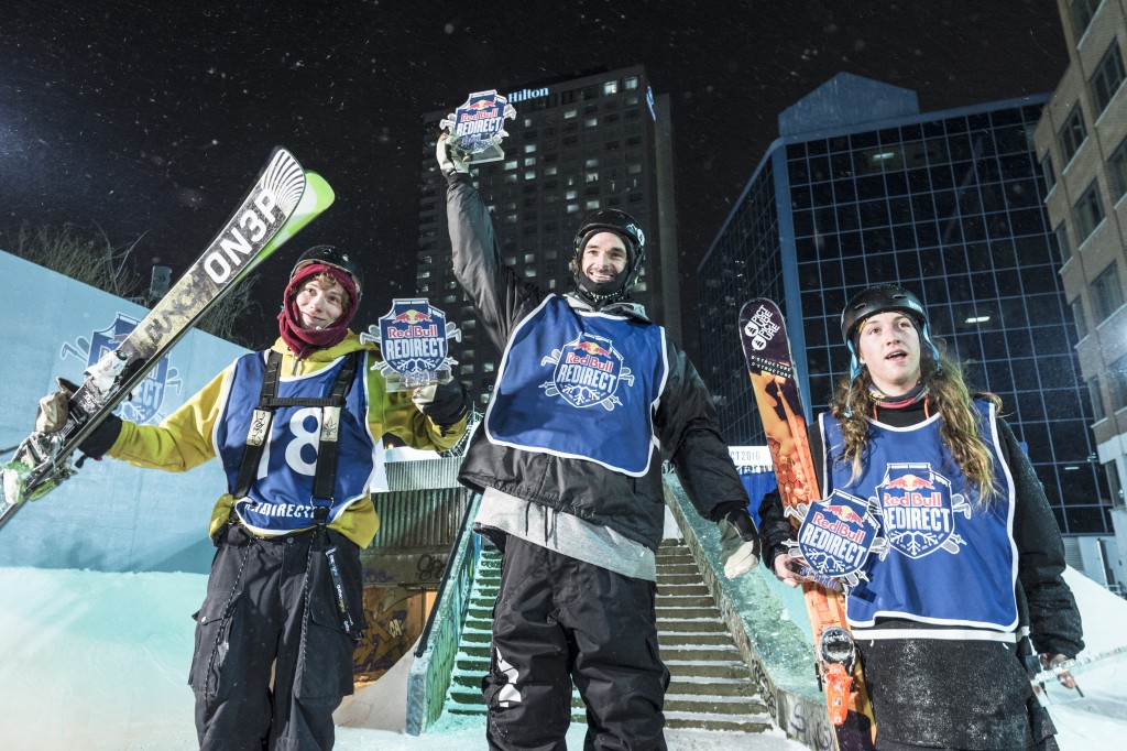 Winners Magnus Graner, JF Houle and Emile Bergeron celebrate after the Red Bull reDIRECT in Quebec City, Quebec, Canada on February 12th, 2016
